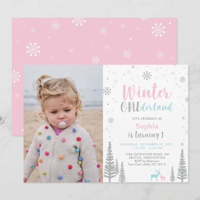 Convites Pink & Mint | Inverno Onederland Aniversário de 1  (Frente/Verso)