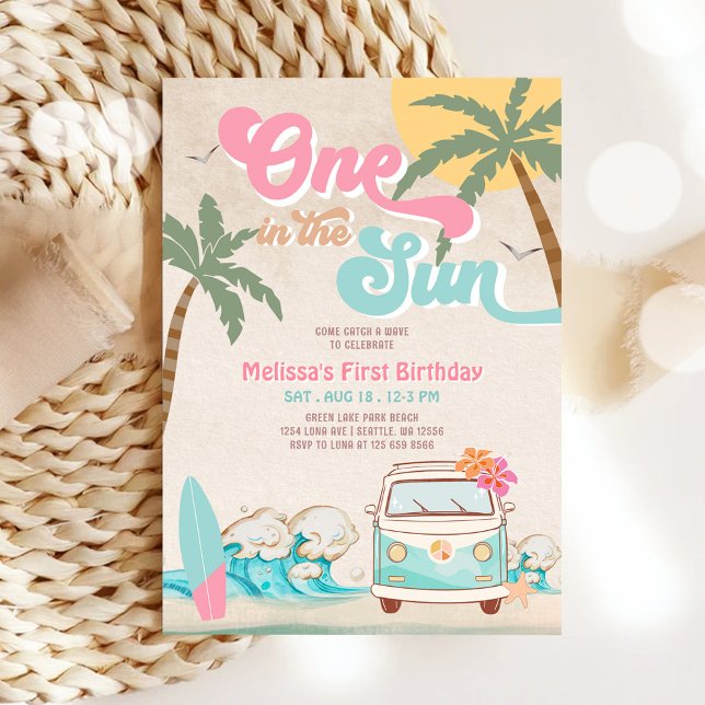 Convites Pink Mint Um no Sol Surfando Aniversário de 1 ano (Criador carregado)