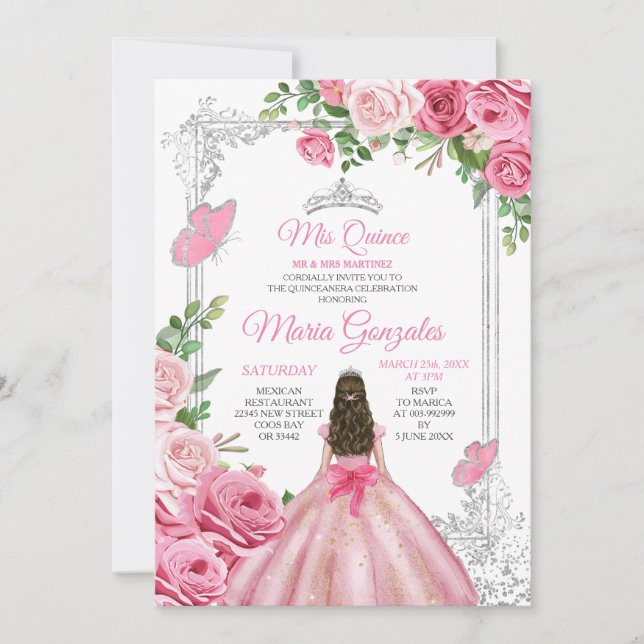 Convites Pink Mis Quince 15 Anos Borboleta Silver Crown (Frente)
