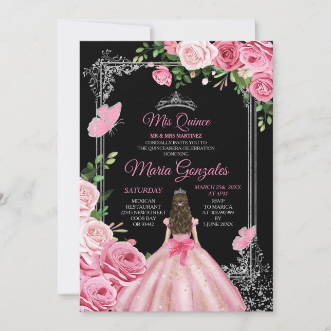 Convites Pink Mis Quince 15 Anos Borboleta Silver Crown (Frente)