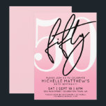 Convites Pink Modern 50th Birthday<br><div class="desc">Celebrate fifty years with this modern birthday invitation featuring a smooth light blush pink to darker pink gradient on the front for a soft, feminine look. A large white “50” spans most of the design, giving it a bold but minimal style. The handwritten script word “Fifty” appears in black, paired...</div>