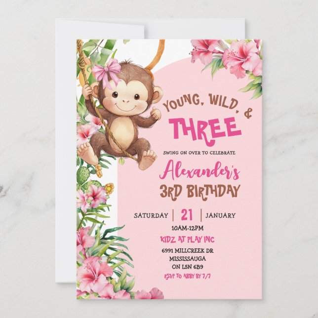 Convites Pink Monkey Young Wild Three Third Birthday (Frente)