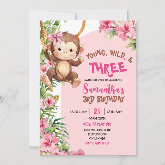 Convites Pink Monkey Young Wild Three Third Birthday (Frente)