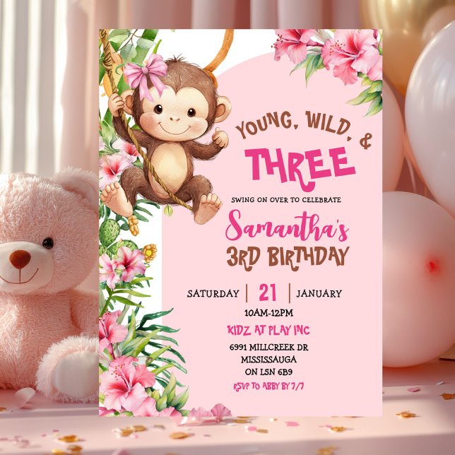 Convites Pink Monkey Young Wild Three Third Birthday (Criador carregado)