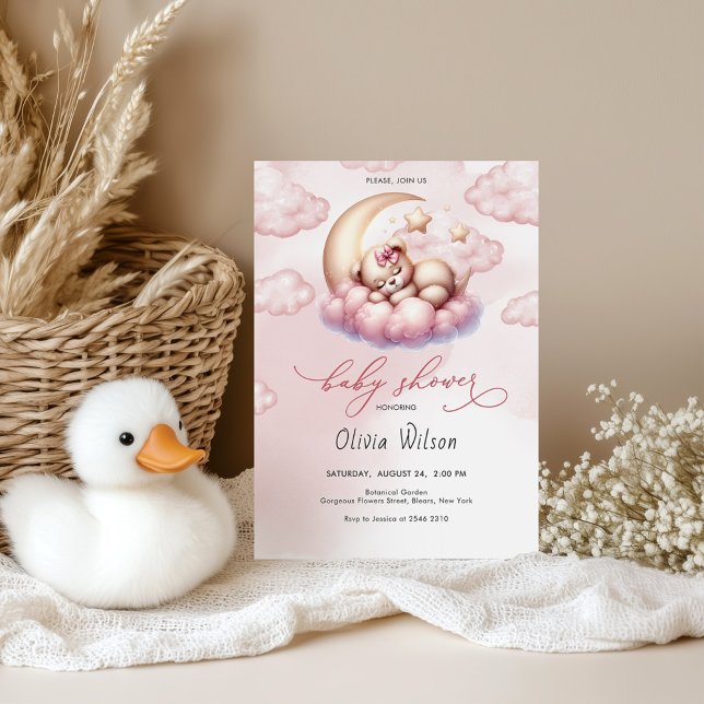 Convites Pink Moon & Teddy Bear Baby Shower (Criador carregado)
