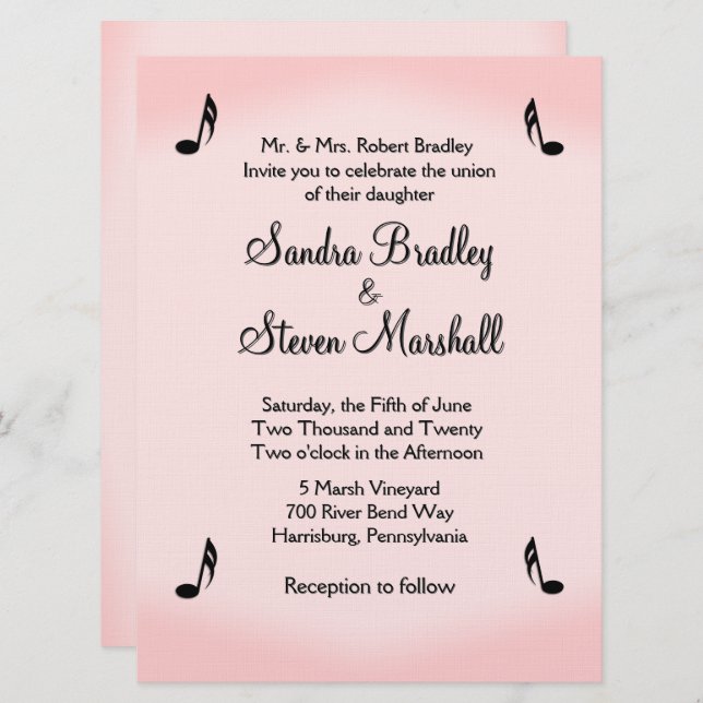 Convites Pink Music Theme Wedding (Frente/Verso)
