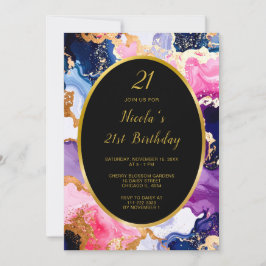 Convites Pink, Navy Blue and Gold Ink Birthday Party