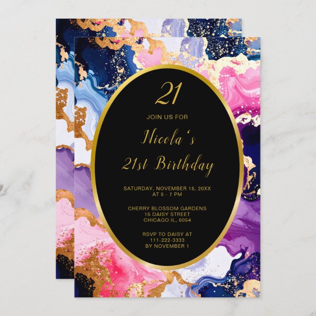 Convites Pink, Navy Blue and Gold Ink Birthday Party (Frente/Verso)