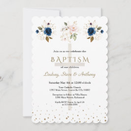 Convites Pink Navy Blue Floral Gold Triplets Baptism  