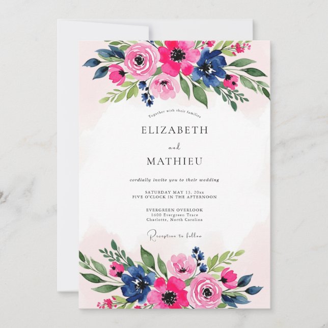 Convites Pink Navy Blue Luxuriant Botanical Wedding (Frente)