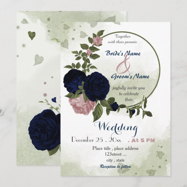 Convites pink navy flowers greenery wreath wedding (Frente/Verso)