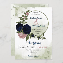 Convites pink navy flowers greenery wreath wedding