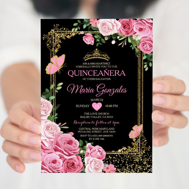 Convites Pink Negro Quinceañera Crown Butterfly 15 Anos (Criador carregado)