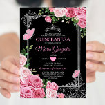 Convites Pink Negro Quinceañera Crown Butterfly 15 Anos<br><div class="desc">Quinceañera Silver Coroa Mexicana Cartaz Rosa Negra Convite Mis Quince 15 Anos,  16º Aniversário, </div>