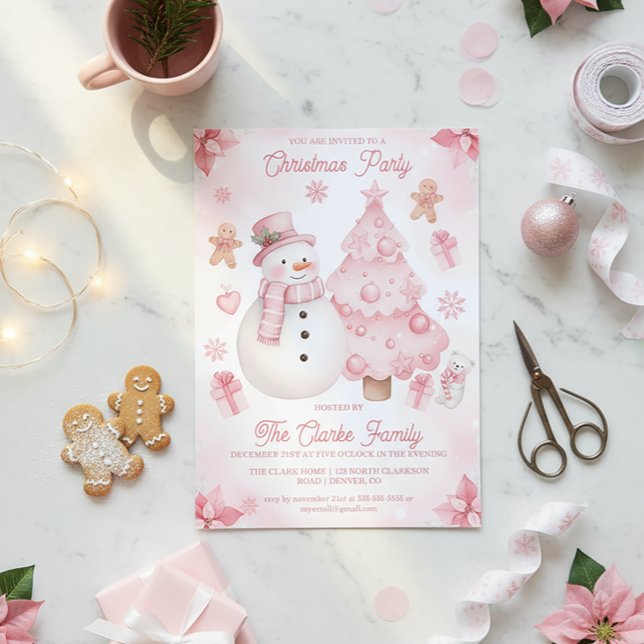 Convites Pink Nontraditional Snowman Tree Christmas Party (Criador carregado)