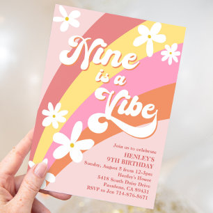 Convites Pink Nove é um Vibe Retro Daisy Rainbow Aniversári