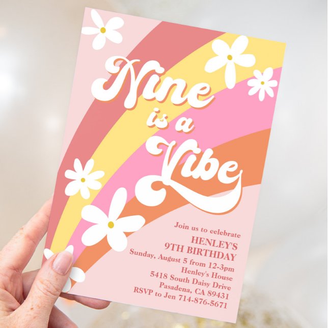 Convites Pink Nove é um Vibe Retro Daisy Rainbow Aniversári (Criador carregado)