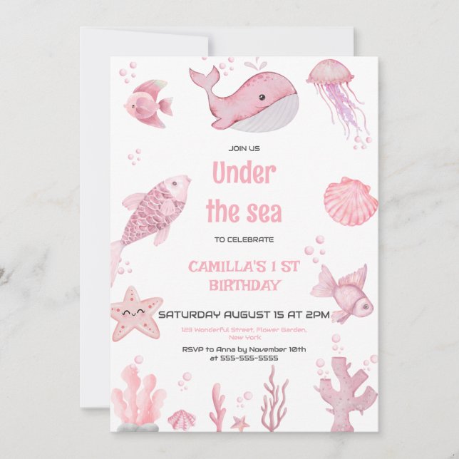 Convites Pink Oneder Sea Birthday (Frente)