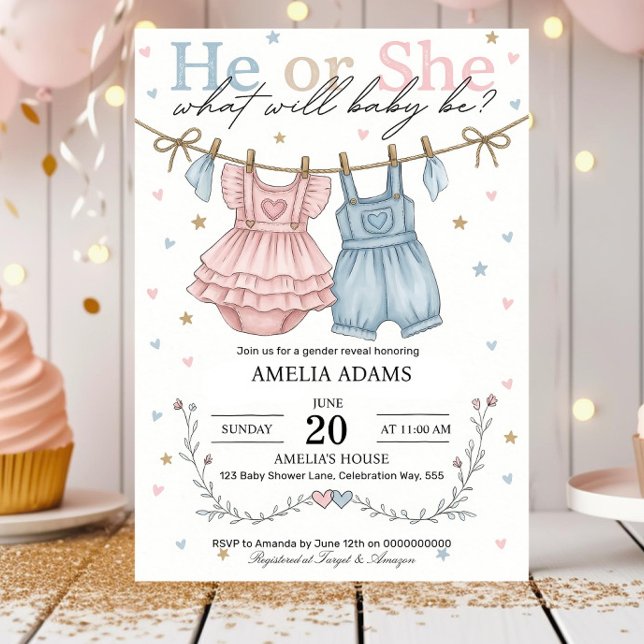Convites Pink or Blue Baby Clothes Gender Reveal Invitation (Criador carregado)