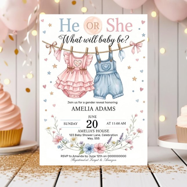 Convites Pink or Blue Baby Clothes Gender Reveal Invitation (Criador carregado)