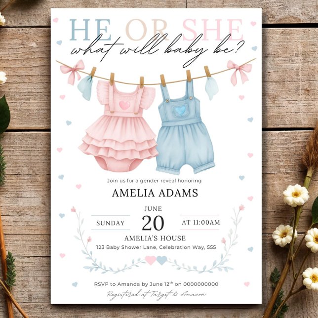 Convites Pink or Blue Baby Clothes Gender Reveal Invitation (Criador carregado)