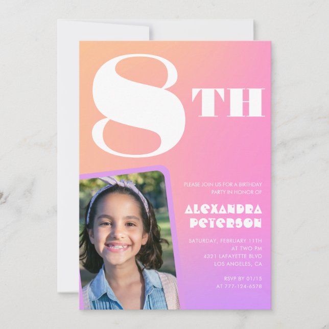 Convites Pink Orange 8th aniversties Foto de Rapariga (Frente)