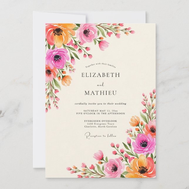 Convites Pink Orange Floral Flourish Wedding (Frente)