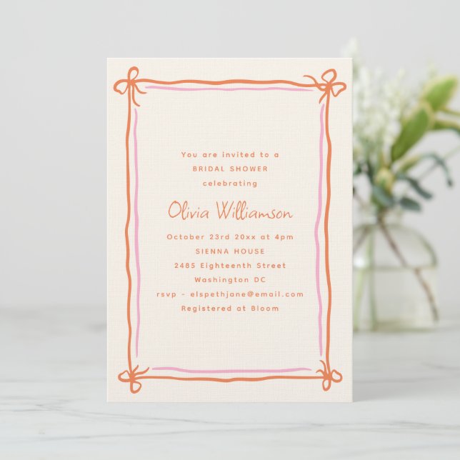 Convites Pink Orange Whimsical Ribbon Bow Bridal Shower (Em pé/Frente)