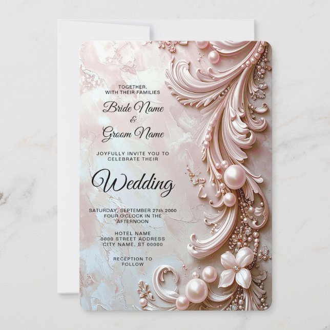 Convites Pink Ornate Pearl and Floral Wedding Invitation (Frente)