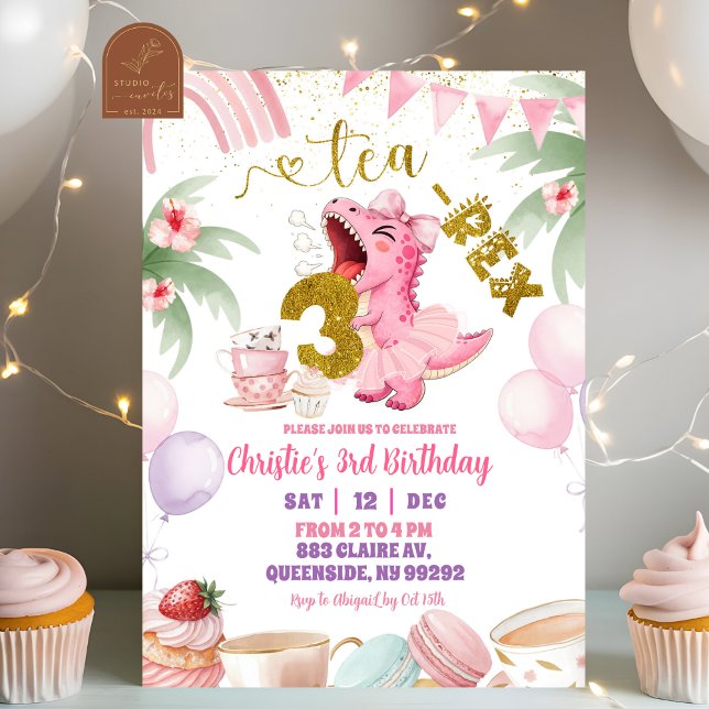Convites Pink Pastel Dinosaur tea-rex 3rd birthday (Criador carregado)