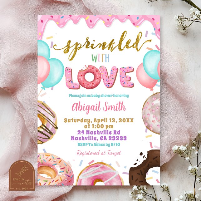 Convites Pink Pastel Donuts Baby Sprinkle Invitation (Criador carregado)