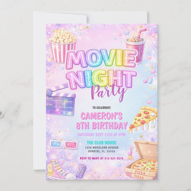 Convites Pink Pastel Movie Night Birthday Party  (Frente)