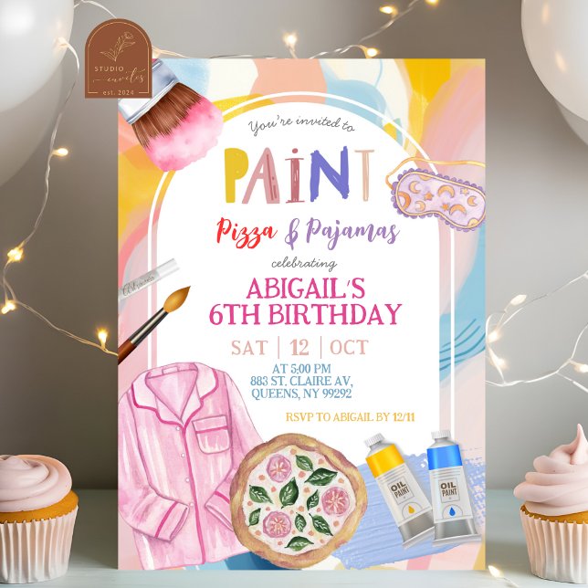 Convites Pink Pastel Paint Pizza and Pajamas Party (Criador carregado)