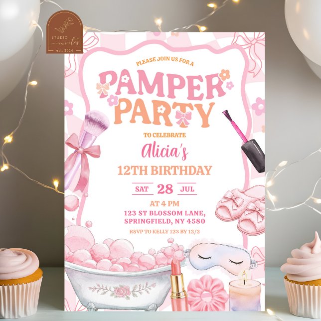 Convites Pink Pastel Retro Spa Pamper Party Birthday (Criador carregado)