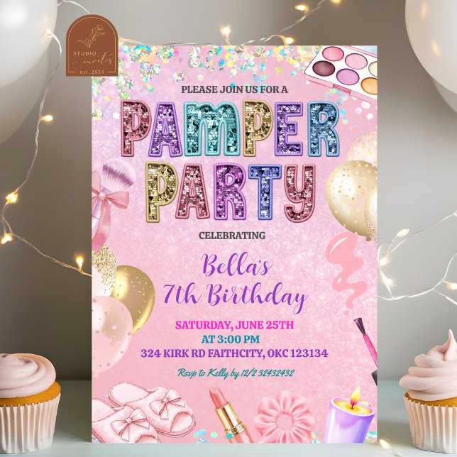Convites Pink Pastel Sequin Glitter Pamper Party Birthday (Criador carregado)