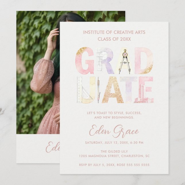 Convites Pink Pastel Soft Dreamy Architect Graduation (Frente/Verso)