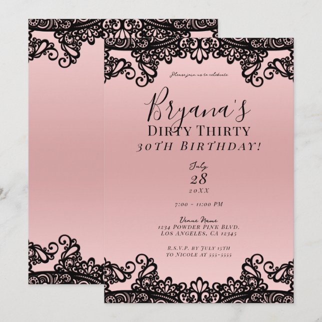 Convites Pink Peach Black Lace Dirty 30 30th Birthday  (Frente/Verso)