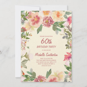 Convites Pink Peach Watercolor Floral 60º Aniversário