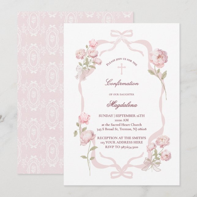 Convites pink peonies Confirmation girl (Frente/Verso)