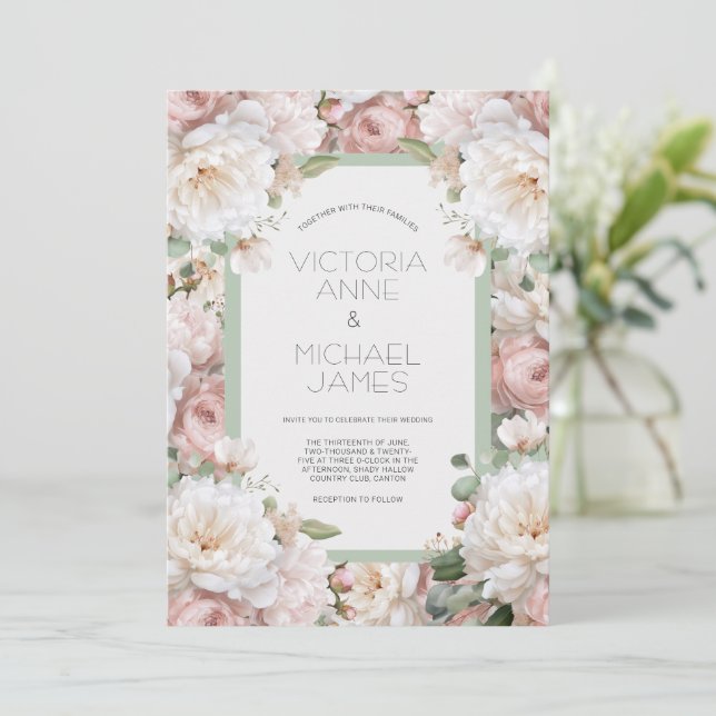 Convites Pink Peonies Floral Wedding Invitation (Em pé/Frente)