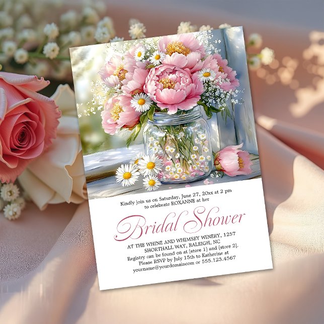 Convites Pink Peonies White Daisies in Mason Jar (Criador carregado)
