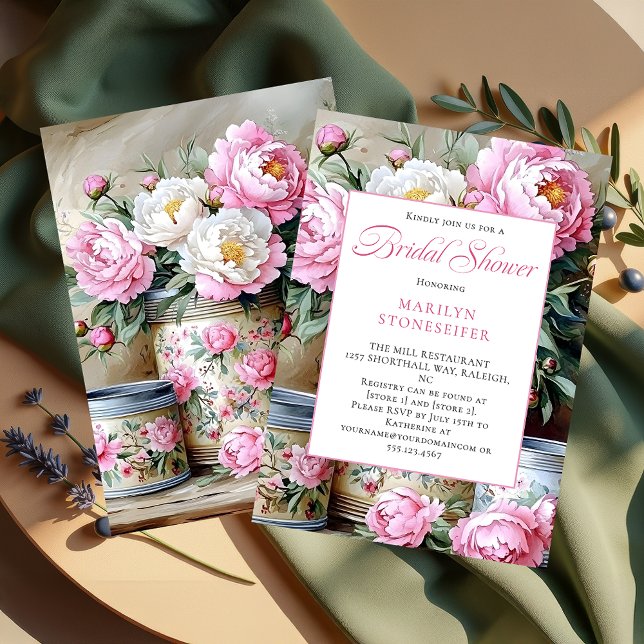 Convites Pink Peonies White Daisies in Mason Jar Invitation (Criador carregado)