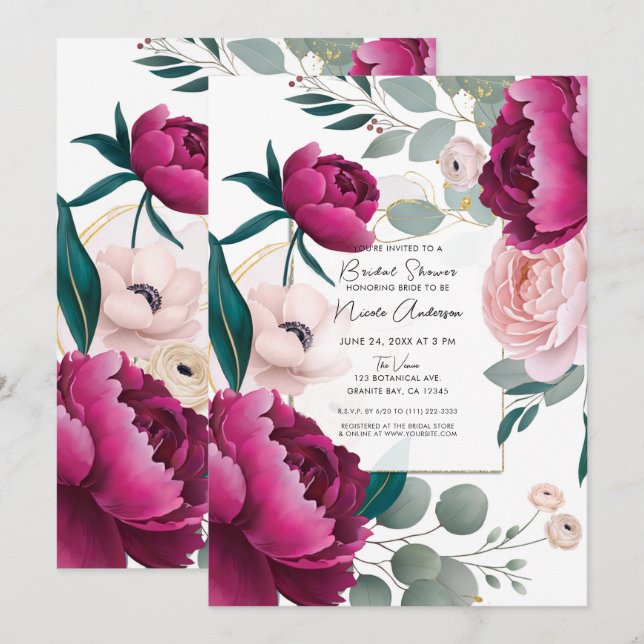 Convites Pink Peony Eucalyptus Garden Floral Bridal Shower (Frente/Verso)