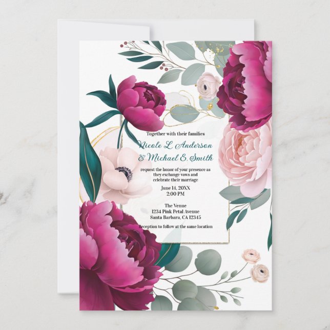 Convites Pink Peony Eucalyptus Garden Floral Glam Wedding  (Frente)
