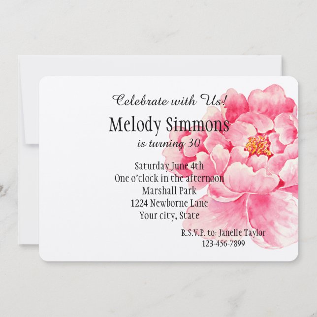 Convites Pink Peony Flower Birday (Verso)