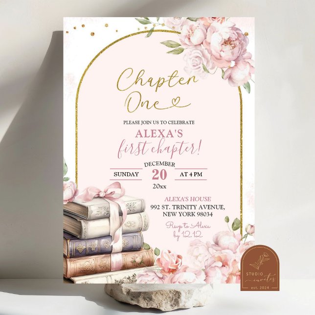Convites Pink Peony Storey Chapter One primeiro aniversario (Criador carregado)