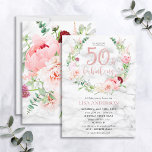 Convites Pink Peony Wreath Rosa Dourado Marble 50 e Fabulos<br><div class="desc">Mãos para baixo meu design favorito de todos os tempos até hoje, este maravilhoso convite de aniversário mostra as flores de aquarela mais bonitas que já vi - tão realistas que parecem fotos! Uma coroa de peonias cor-de-rosa e astilbe, dahlias, bolas de allium, ramos de eucalipto e um delicado crisântemo...</div>