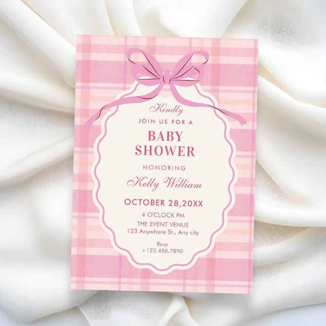 Convites Pink plaid bow baby shower (Criador carregado)