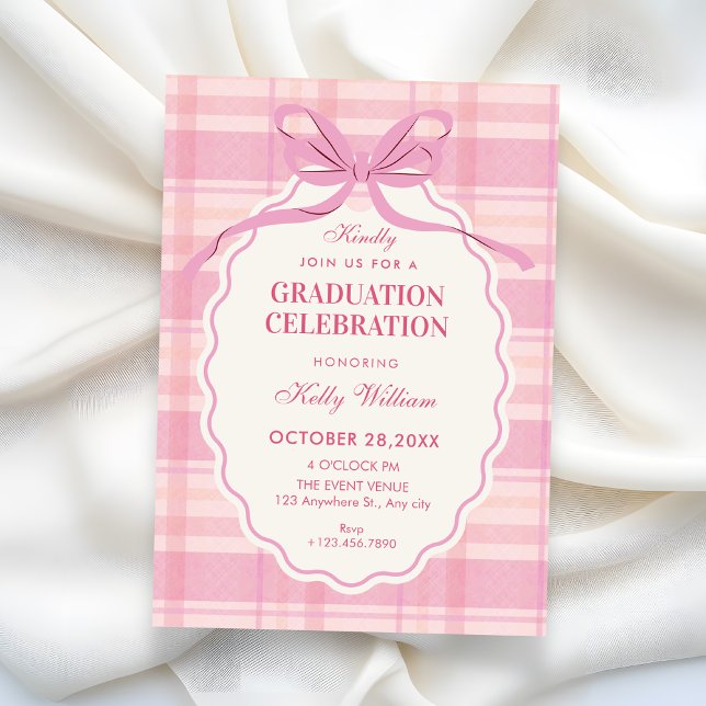 Convites Pink plaid bow graduation (Criador carregado)
