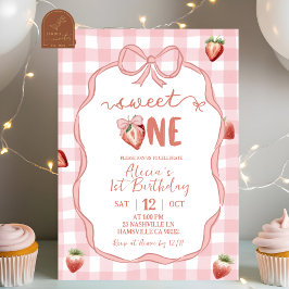 Convites Pink Plaid Strawberry Coquette sweet one birthday